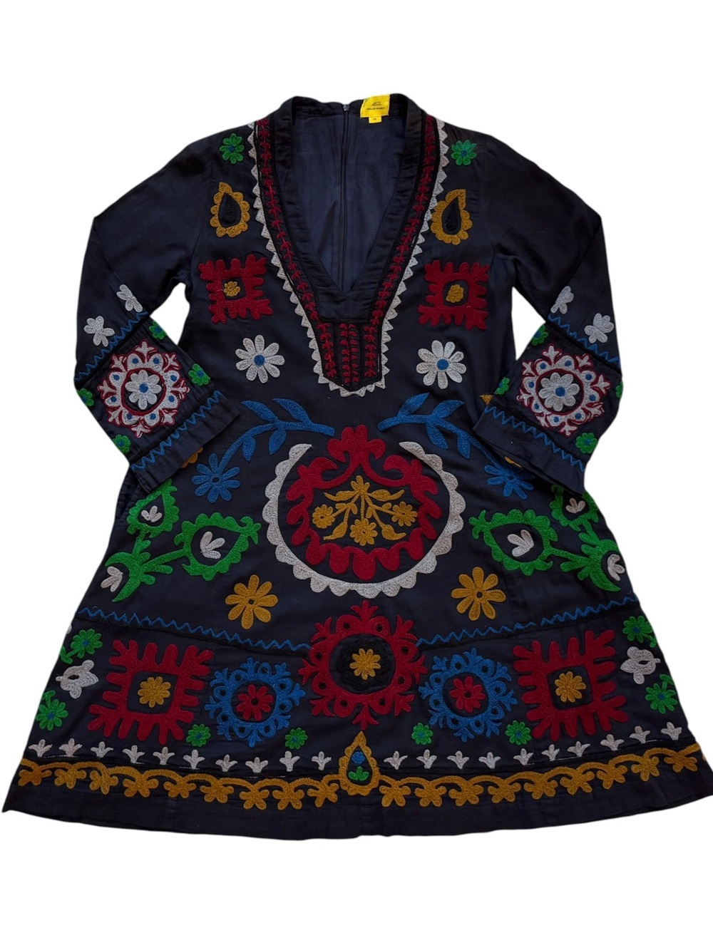 Roller Rabbit Tapestry Embroidered Navy Red Green Midi Flare Dress V-Neck XS